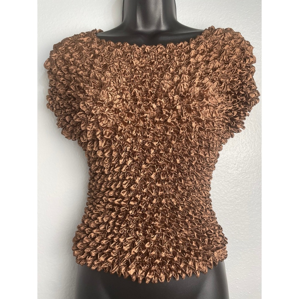 Radiance‎ Brown Popcorn Top Crinkle Bubble Shirt Y2K Batwing Sleeve One Size